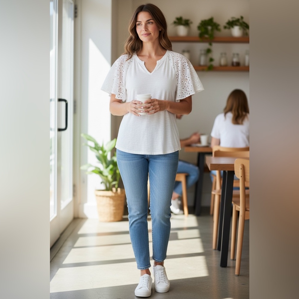 Time and Tru White Top Cotton Eyelet sleeve Top